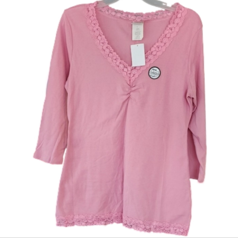 NWT Fashion Bug Pink Lace Trim V-Neck 3/4 Sleeve Cotton Top Large K1869CM-3